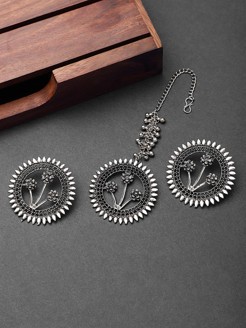 

CARDINAL Oxidised Silver-Toned Earrings & Maang Tikka Jewellery Set
