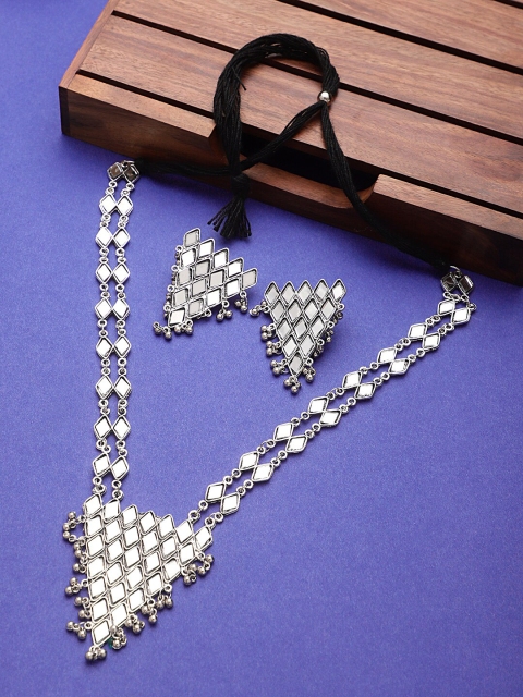

CARDINAL Silver-Toned Oxidized Mirror studded Long Necklace Jewellery Set