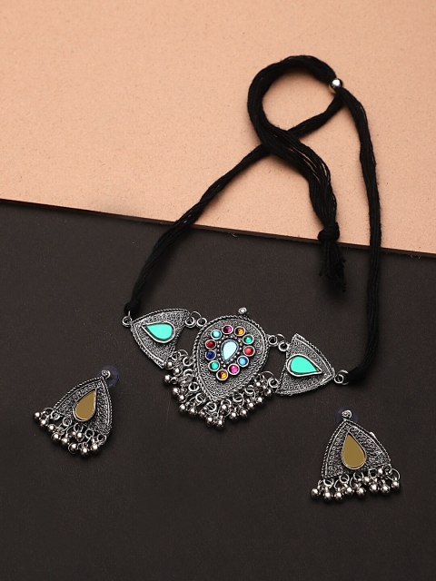 

CARDINAL Oxidised Silver-Toned Yellow & Blue Embellished Jewellery Set