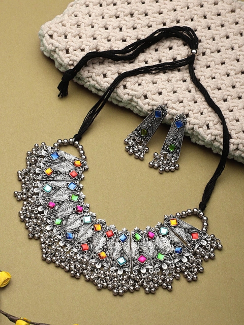 

CARDINAL Silver-Toned & Stones-Studded & Beaded Oxidised Choker Jewellery Set