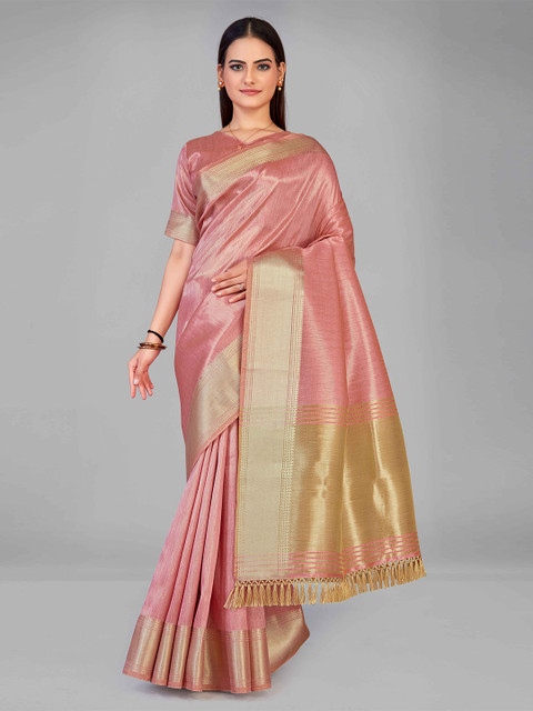

MANOHARI Pink & Gold-Toned Woven Design Zari Silk Blend Saree