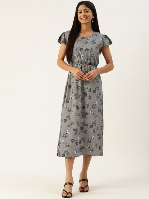 

Kushi Flyer Grey Floral Crepe A-Line Midi Dress