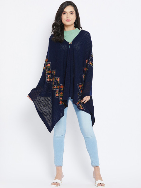 

Knitstudio Women Navy Blue Floral Embroidered Shawl