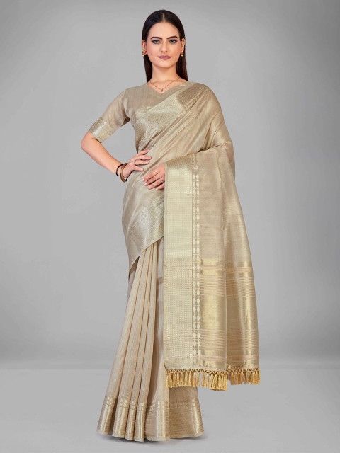 

MANOHARI Beige & Gold-Toned Zari Silk Blend Saree
