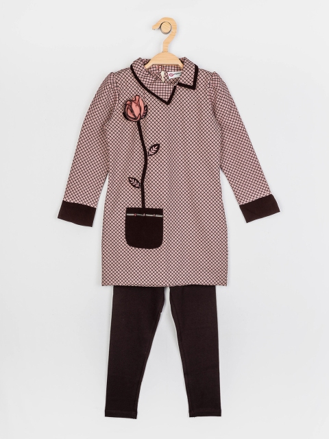 

Peppermint Girls Brown & Peach-Coloured Checked Longline Top with Trousers