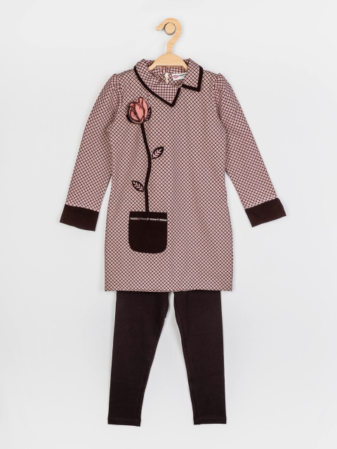 

Peppermint Girls Brown & Peach-Coloured Checked Top with Trousers