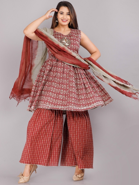 

KALINI Women Maroon Ethnic Motifs Layered Pure Cotton Kurta with Churidar & With Dupatta