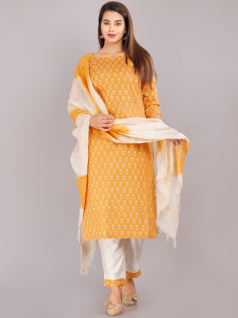 

KALINI Women Yellow Ethnic Motifs Printed Pure Cotton Kurta with Trousers & With Dupatta