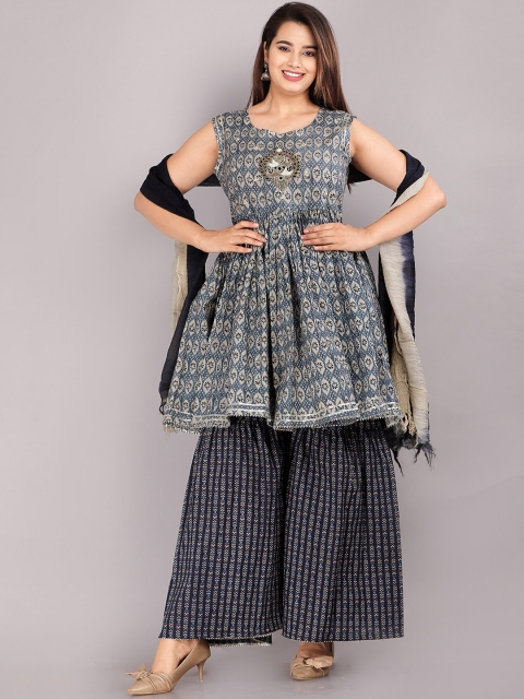 

KALINI Women Blue Printed Empire Pure Cotton Kurta with Sharara & With Dupatta