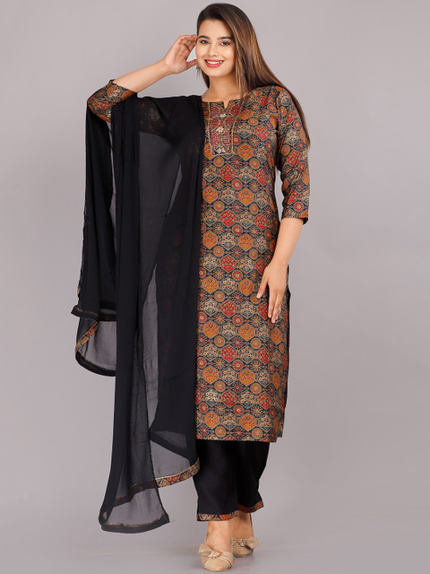 

KALINI Women Blue Printed Pure Cotton Kurta with Churidar & With Dupatta