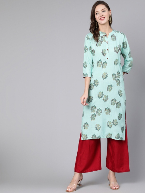 

THE NKS PLUS Women Sea Green Ethnic Motifs Printed Keyhole Neck Sequined Kurta