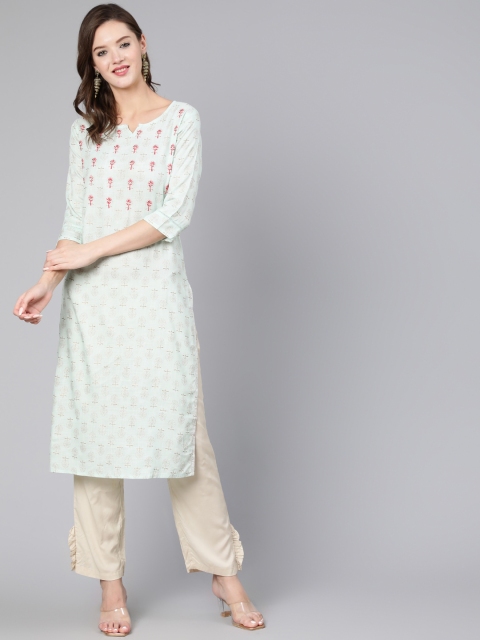 

THE NKS PLUS Women Sea Green Ethnic Motifs Keyhole Neck Thread Work Kurta