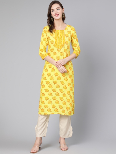 

THE NKS PLUS Women Yellow Ethnic Motifs Printed Mirror Work Kurta