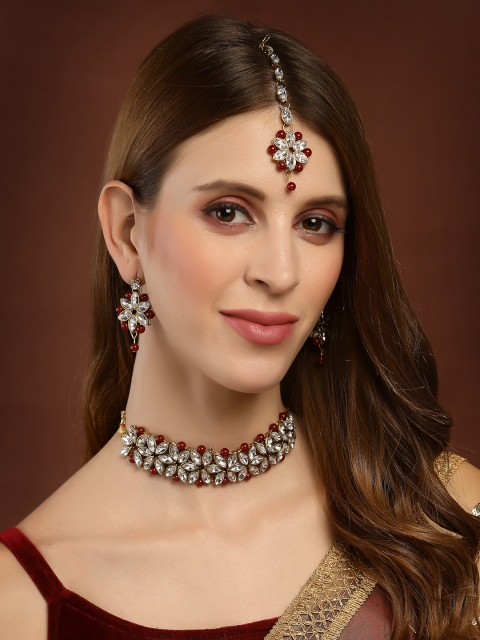 

PANASH Gold-Plated White & Maroon Kundan-Stone Studded Handcrafted Jewellery Set