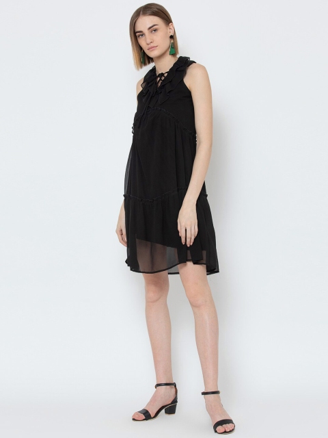 

DODO & MOA Black Tie-Up Neck Georgette A-Line Dress