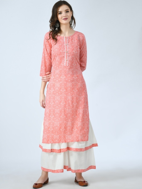 

KALINI Women Peach-Coloured Printed Angrakha Gotta Patti Pure Cotton Kurti with Palazzos