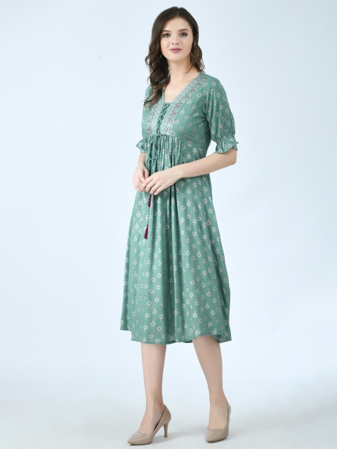 

KALINI Green Ethnic Motifs Layered Ethnic A-Line Midi Dress