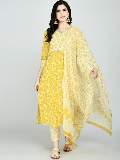 

KALINI Women Yellow Printed Regular Gotta Patti Pure Cotton Kurta with Trousers & Dupatta