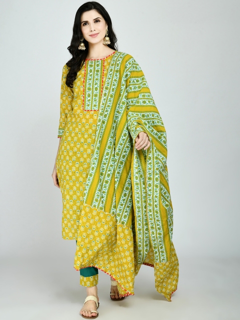 

KALINI Women Mustard Yellow Ethnic Motifs Printed Gotta Patti Pure Cotton Kurta with Salwar & With Dupatta