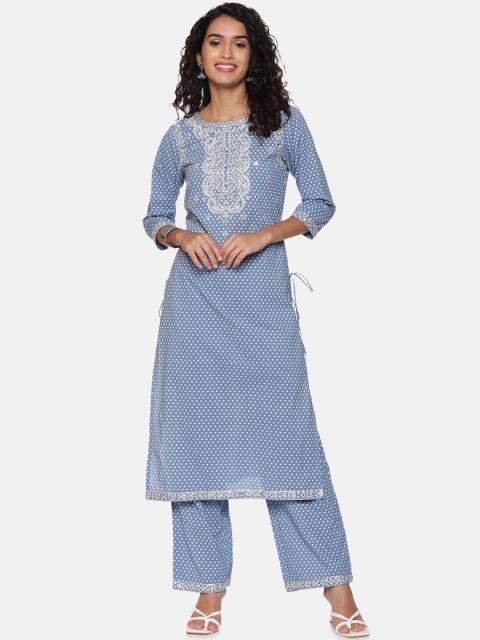 

Palakh Women Blue Floral Embroidered Mirror Work Pure Cotton Kurti with Palazzos
