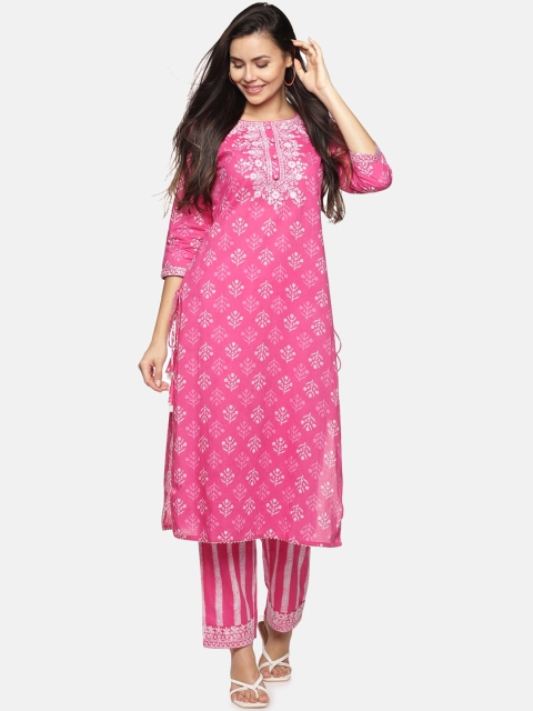 

Palakh Women Pink Floral Printed Mirror Work Pure Cotton Kurti with Palazzos