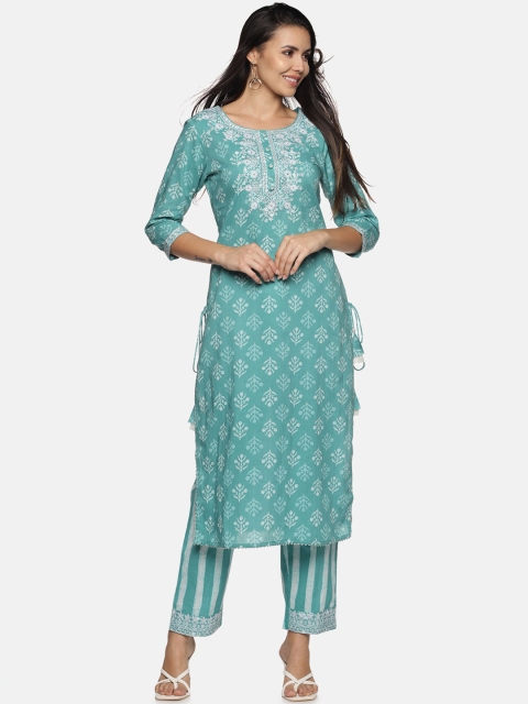 

Palakh Women Teal Floral Printed Sequinned Pure Cotton Kurta with Trousers