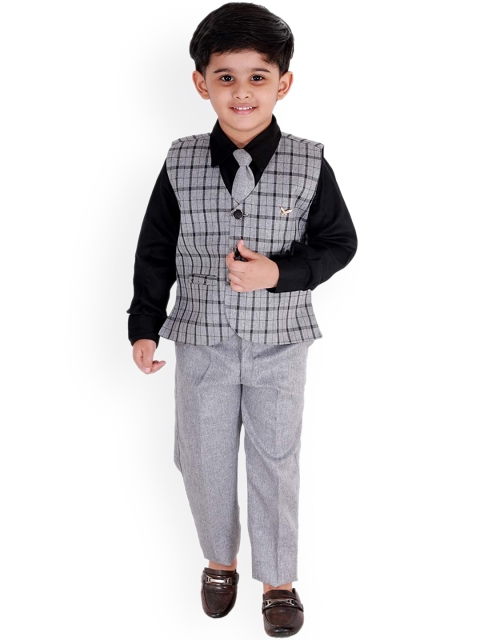 

FOURFOLDS Boys Black & Grey Checked 3 Piece Suits