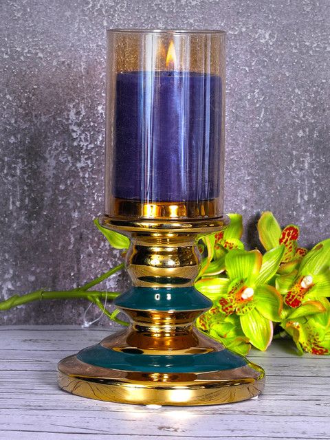 

THE WHITE INK DECOR Gold-Toned & Blue Ceramic Candle Holder