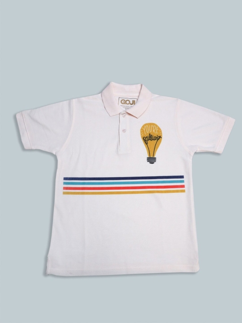 

GOJI Boys Peach-Coloured Striped Polo Collar Applique T-shirt