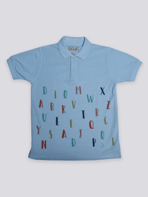 

GOJI Boys Blue Typography Printed Polo Collar Applique T-shirt