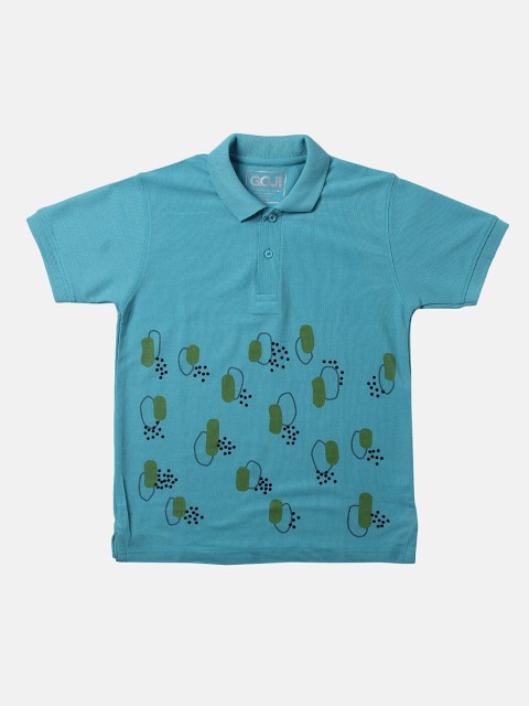 

GOJI Boys Sea Green Printed Polo Collar Applique T-shirt