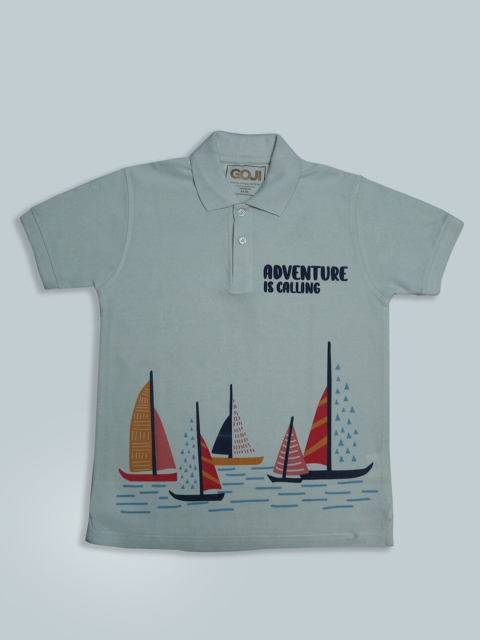

GOJI Boys Sea Green Printed Polo Collar T-shirt