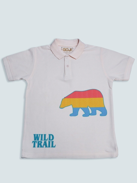

GOJI Boys Peach-Coloured Striped Polo Collar Applique T-shirt