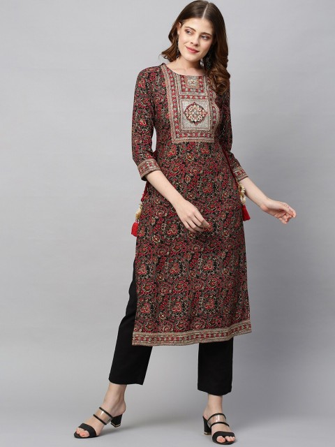

FASHOR Women Brown & Black Ethnic Motifs Printed Keyhole Neck Kurta