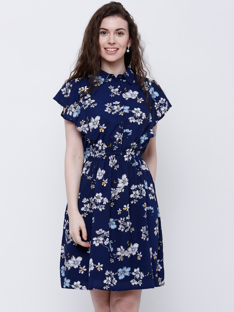 

Tokyo Talkies Women Navy Floral Print Fit and Flare Dress, Navy blue