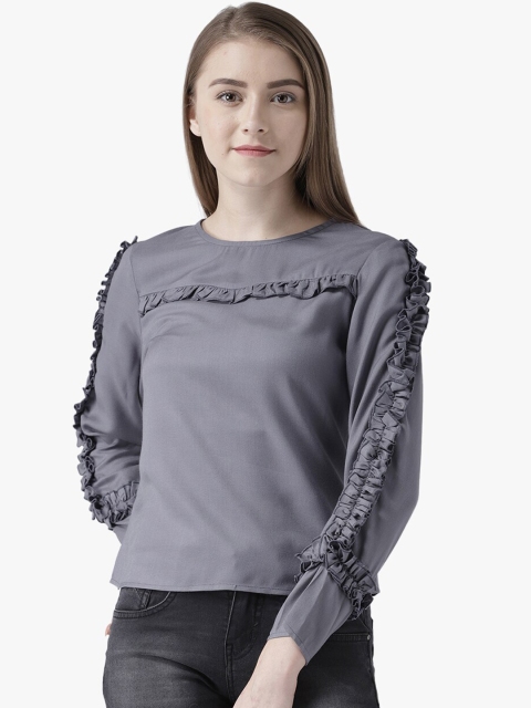 

DODO & MOA Women Grey Ruffles Solid Top