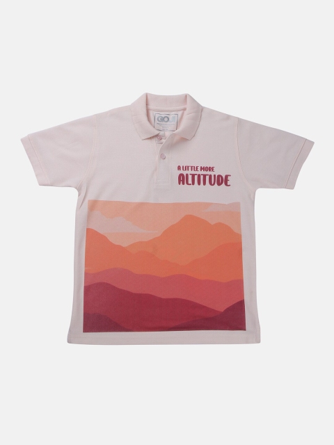 

GOJI Boys Peach-Coloured Striped Polo Collar Applique T-shirt