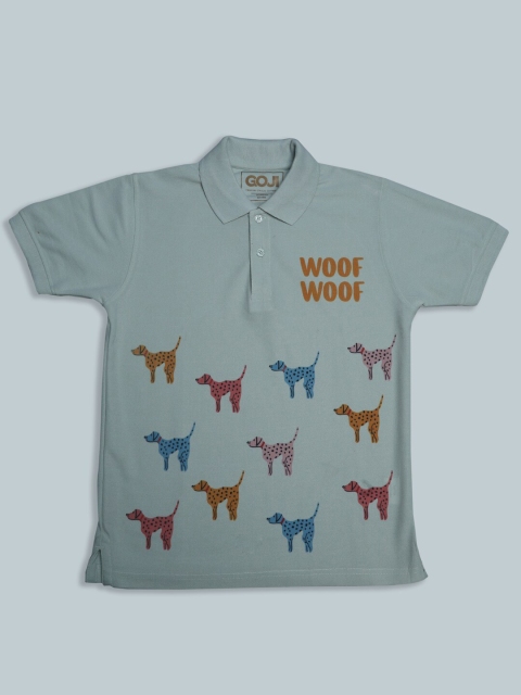 

GOJI Boys Sea Green Printed Polo Collar Applique T-shirt