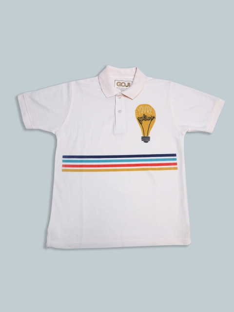 

GOJI Boys Peach-Coloured Striped Polo Collar Applique T-shirt