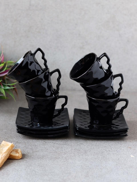 

Unravel India Set of 12 Black Solid Ceramic Matte Cups and Saucers