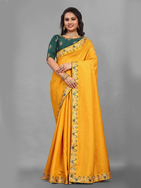 

Zombom Women Mustard Embroidered Pure Silk Saree