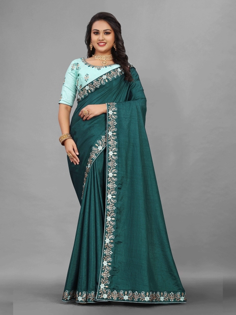 

Zombom Women Green Embroidered Pure Silk Saree, Teal