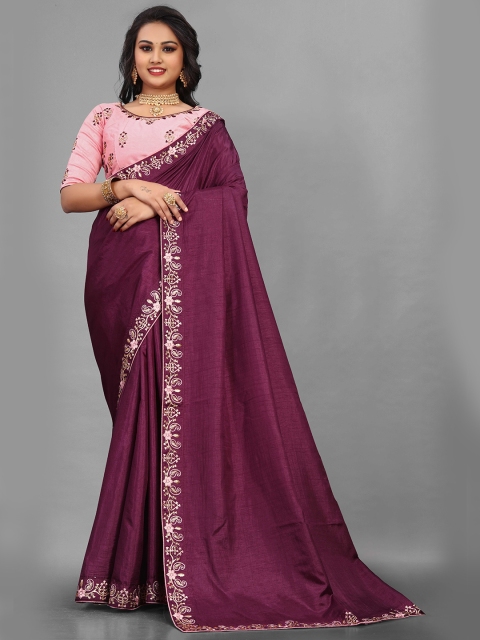

Zombom Women Maroon Embroidered Pure Silk Saree