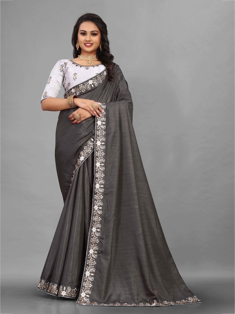 

Zombom Women Grey Embroidered Pure Silk Saree