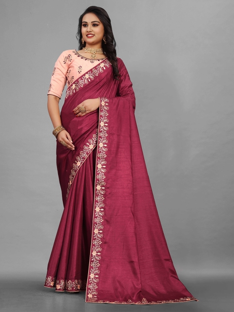 

Zombom Maroon Embroidered Pure Silk Banarasi Saree
