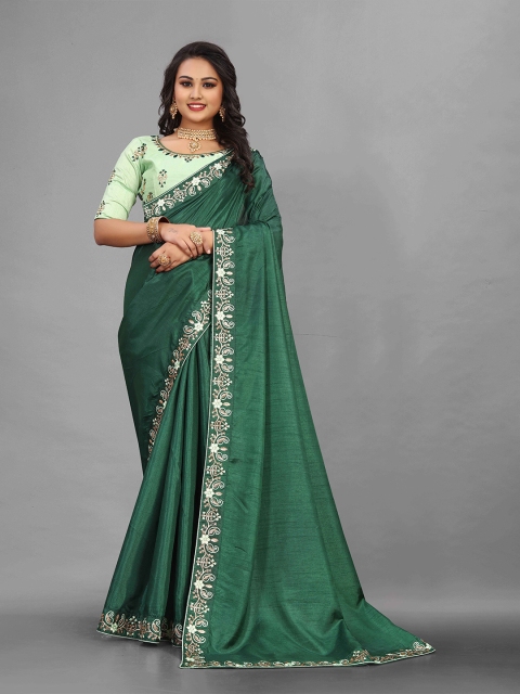 

Zombom Women Green Floral Embroidered Pure Silk Banarasi Saree