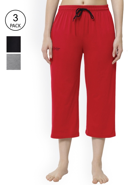 

FFLIRTYGO Women Set Of 3 Black & Red Solid Cotton Lounge Capris