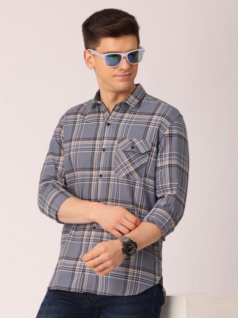 

FOGA Men Grey Premium Slim Fit Checked Pure Cotton Casual Shirt