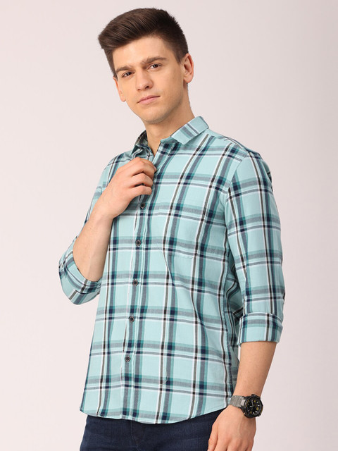 

FOGA Men Sea Green Premium Slim Fit Tartan Checked Oxford Pure Cotton Casual Shirt