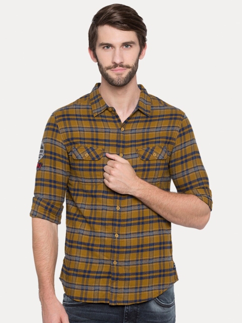 

SPYKAR Men Yellow Slim Fit Tartan Checks Checked Casual Shirt